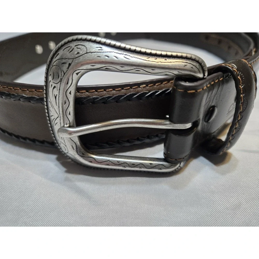 Western Work Leather And Metal Tooled Mens Belt Large 38-40 Brown Buckle